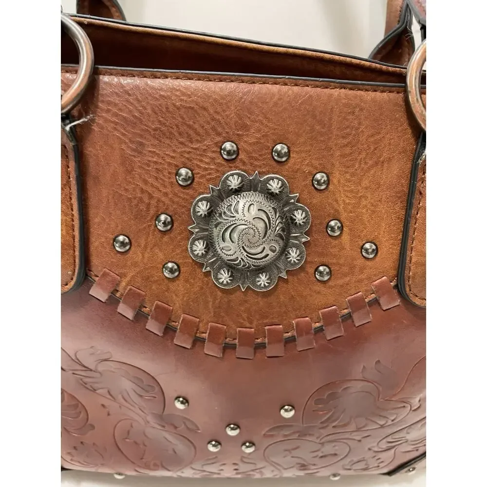 Lavawa Western Tooled Embossed Satchel Handbag Studded Boho Cowgirl READ